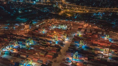 Aerial view drone time-lapse or hyper-lapse over industrial port in Bangkok. Stock Footage 110253888