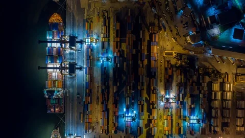 Aerial view drone time-lapse or hyper-lapse over industrial port in Bangkok. Stock Footage 110421559