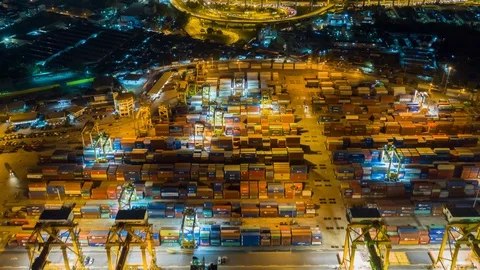 Aerial view drone time-lapse or hyper-lapse over industrial port in Bangkok. Stock Footage 110624997