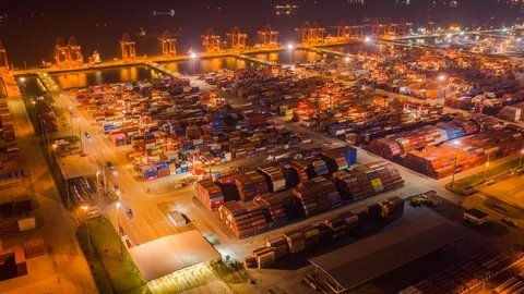 Aerial View Drone Time-Lapse Or Hyper-Lapse Over Industrial Port In China. Stock Footage 112767386