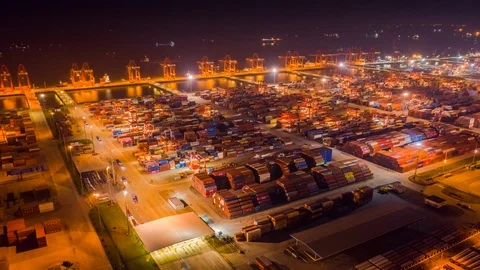 Aerial View Drone Time-Lapse Or Hyper-Lapse Over Industrial Port In China. Video stock 112767424