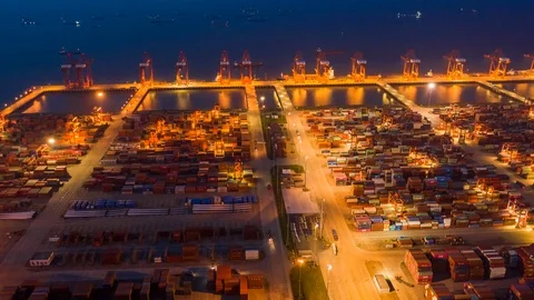Aerial View Drone Time-Lapse Or Hyper-Lapse Over Industrial Port In China. Stock Footage 112767462