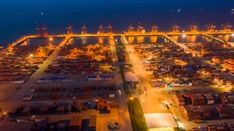 Aerial View Drone Time-Lapse Or Hyper-Lapse Over Industrial Port In China. Stock Footage 112767476