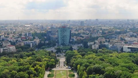 Aerial view drone video Charles de Gaulle Square Herastrau Park Romania Stock Footage 187482559