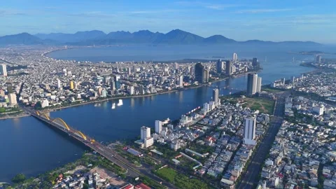 Aerial view drone video Da Nang coastal city at morning, cityscape with  dr.. Stock Footage 277983231