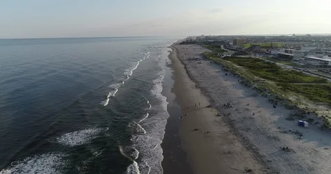 Aerial view drone video of New Jersey beach in afternoon sunset Wildwood Stock Footage 116355620