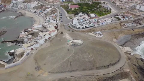 Aerial view with drone of a viewpoint under construction on the beach of san bar Stock Footage 143385018