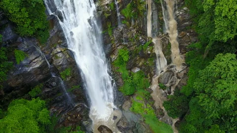 Aerial view from drone of Wachirathan Waterfalls, beautiful waterfall flowing fr Stock Footage 162669953