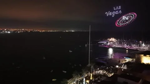 Aerial view of drones forming Las Vegas sign, Portugal. Stock Footage 325504588