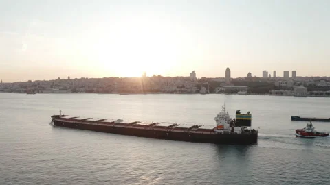 Aerial view of Dry cargo ship and Istanbul Bosphorus. 4K Footage in Turkey Stock Footage 136774451
