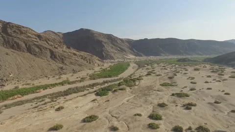Aerial view in a dry river bed in the Hoanib Valley, Namib Desert, Namibia. Video stock 218627111