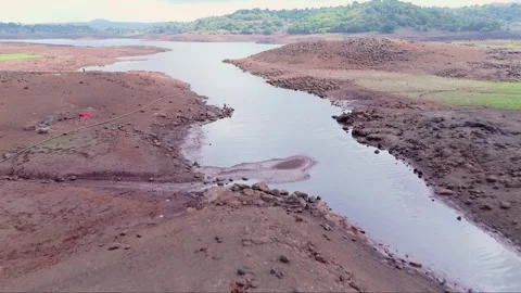 Aerial View of a Dry Riverbed in Drought Conditions Stock Footage 280465236