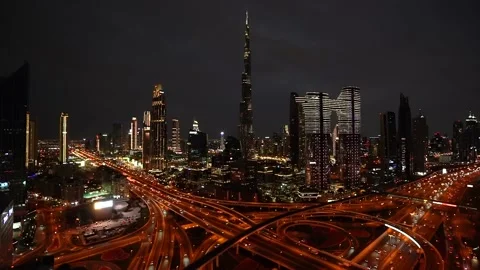 Aerial view of the Dubai skyline in the evening to night Stock Footage 239082453