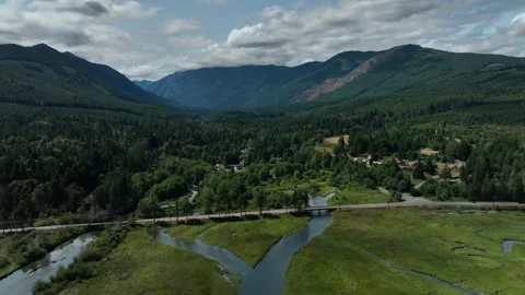 Aerial view of Duckabush River Bridge washington in olympic peninsula Stock Footage 339519053