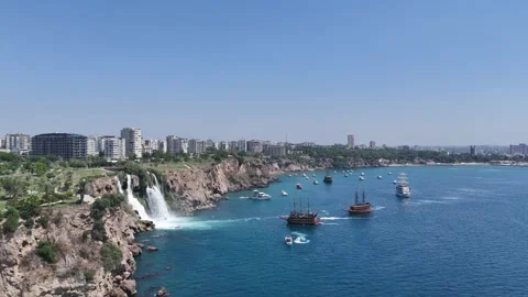 Aerial view of  Düden Waterfall cascading into the Mediterranean Sea Vídeo Stock 343444955