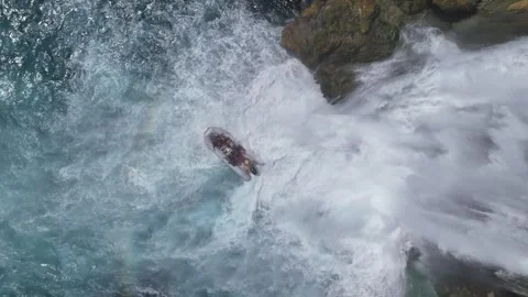 Aerial view of Düden Waterfall falling into Mediterranean sea Stock Footage 342948690