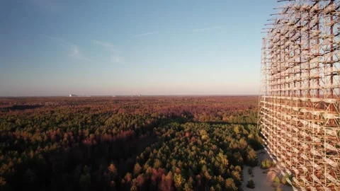 Aerial view of Duga 1 Receiver radar array in Ukraine. Vídeo Stock 345080010