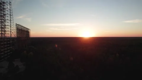 Aerial view of Duga 1 Receiver radar array at sunset, Ukraine. Vídeo Stock 345080021