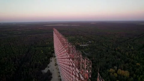 Aerial view of Duga 1 Receiver radar array in Chernobyl, Ukraine. Vídeo Stock 345080069