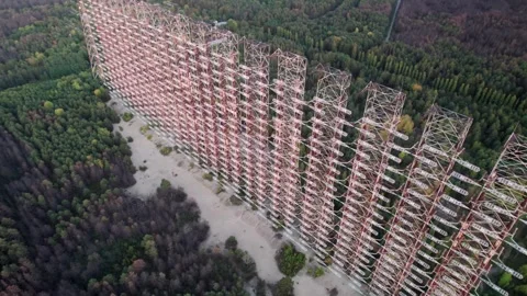 Aerial view of Duga 1 Receiver radar array in Ukraine. Vídeo Stock 345080077