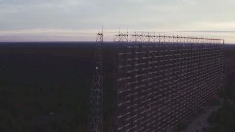 Aerial view Duga array within the Chernobyl Exclusion Zone Stock Footage 99951640