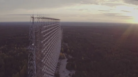 Aerial view Duga array within the Chernobyl Exclusion Zone Stock Footage 99956836