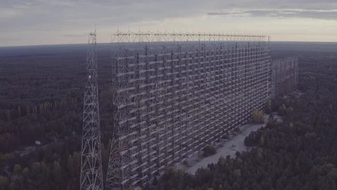 Aerial view Duga array within the Chernobyl Exclusion Zone Stock Footage 100012197