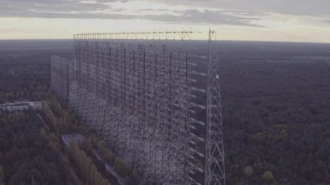 Aerial view Duga array within the Chernobyl Exclusion Zone Stock Footage 100018539