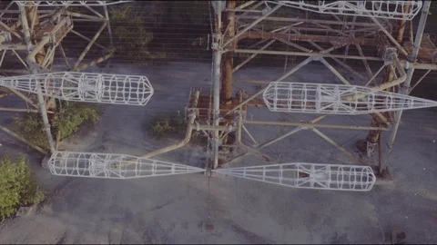 Aerial view Duga array within the Chernobyl Exclusion Zone Stock Footage 100023168