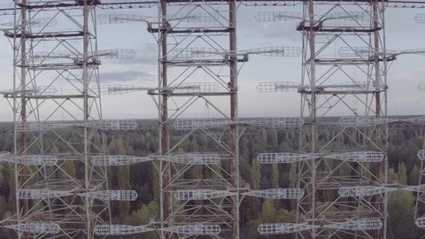 Aerial view Duga array within the Chernobyl Exclusion Zone Stock Footage 100029278