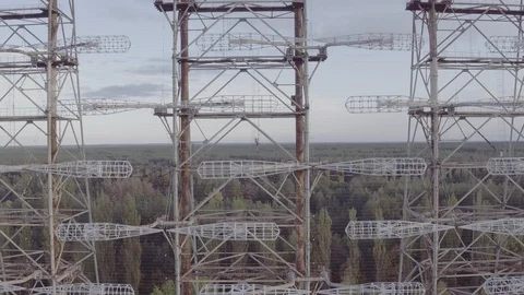 Aerial view Duga array within the Chernobyl Exclusion Zone Stock Footage 100032252