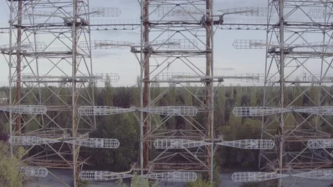 Aerial view Duga array within the Chernobyl Exclusion Zone Stock Footage 100032463