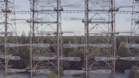 Aerial view Duga array within the Chernobyl Exclusion Zone Stock Footage 100033094