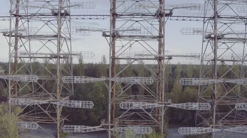 Aerial view Duga array within the Chernobyl Exclusion Zone Stock Footage 100033125