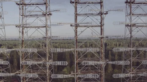 Aerial view Duga array within the Chernobyl Exclusion Zone Stock Footage 100100410
