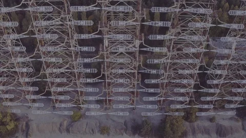 Aerial view Duga array within the Chernobyl Exclusion Zone Stock Footage 100106564