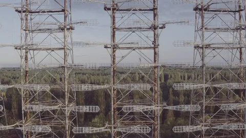 Aerial view Duga array within the Chernobyl Exclusion Zone Stock Footage 100106783