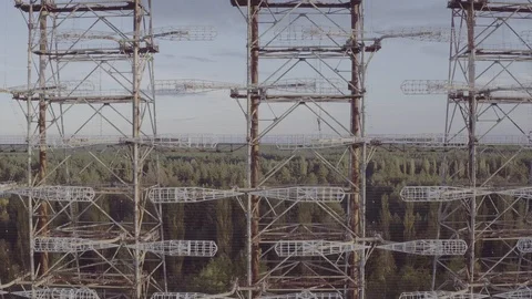 Aerial view Duga array within the Chernobyl Exclusion Zone Stock Footage 100107070