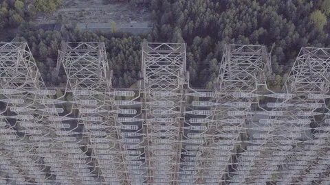 Aerial view Duga array within the Chernobyl Exclusion Zone Stock Footage 100109584