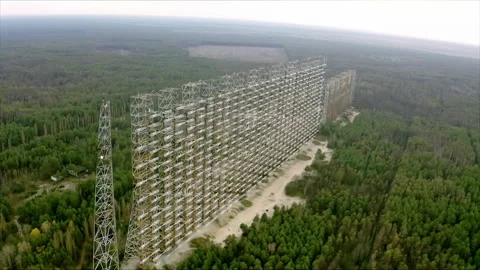 Aerial view of the Duga radar system near Chernobyl Stock-Footage 332830742