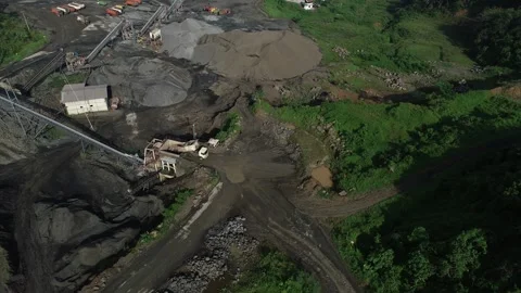 Aerial View Dump Truck Unloading Stone Crusher Plant 4K Stock Footage 338076003