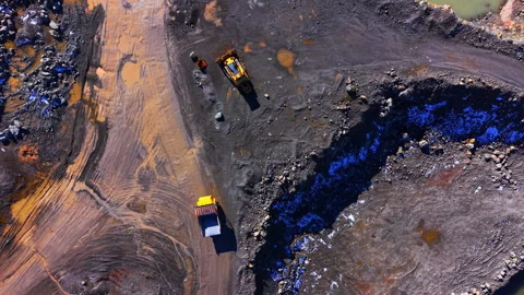 Aerial view of dump trucks on quarry road, Bulgaria Stock Footage 343873771