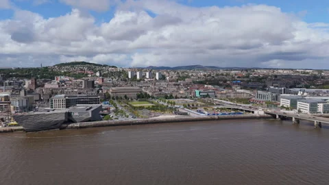 Aerial view of Dundee from over the River Tay. Fourth largest city in Scotland Stock Footage 283164920