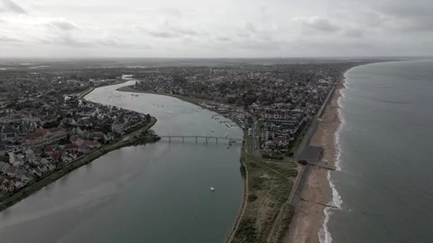 Aerial view dunes separate the river from the sea. Cabourg city. Panniong 4K Video stock 257203905