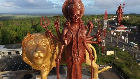 Aerial view: The Durga Mata Monument in Ganga Talao in Mauritius Stock Footage 123457946
