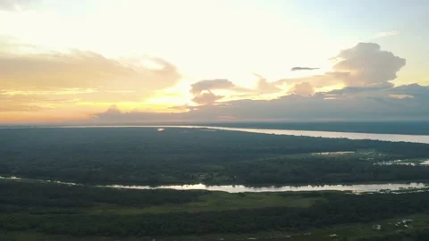 Aerial view during sunset in Amazonia, amazon river, jungle in Peru 4K Stock Footage 197102390