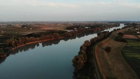 Aerial view during sunset of a large river. Stock Footage 139379566