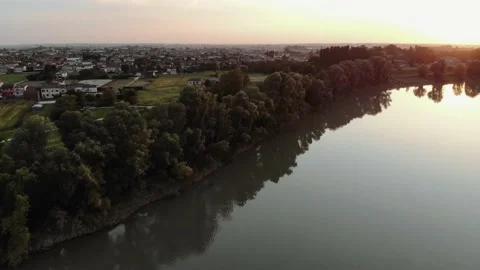 Aerial view during sunset of a large river. Stock Footage 139379650
