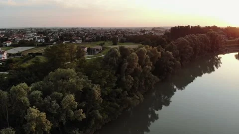 Aerial view during sunset of a large river. Stock Footage 139379662