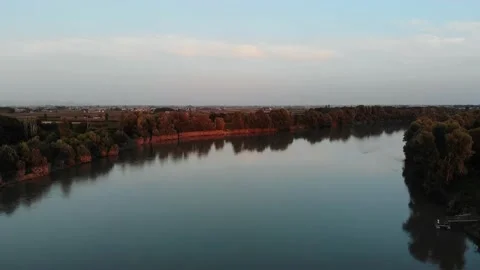Aerial view during sunset of a large river. Stock Footage 139379738